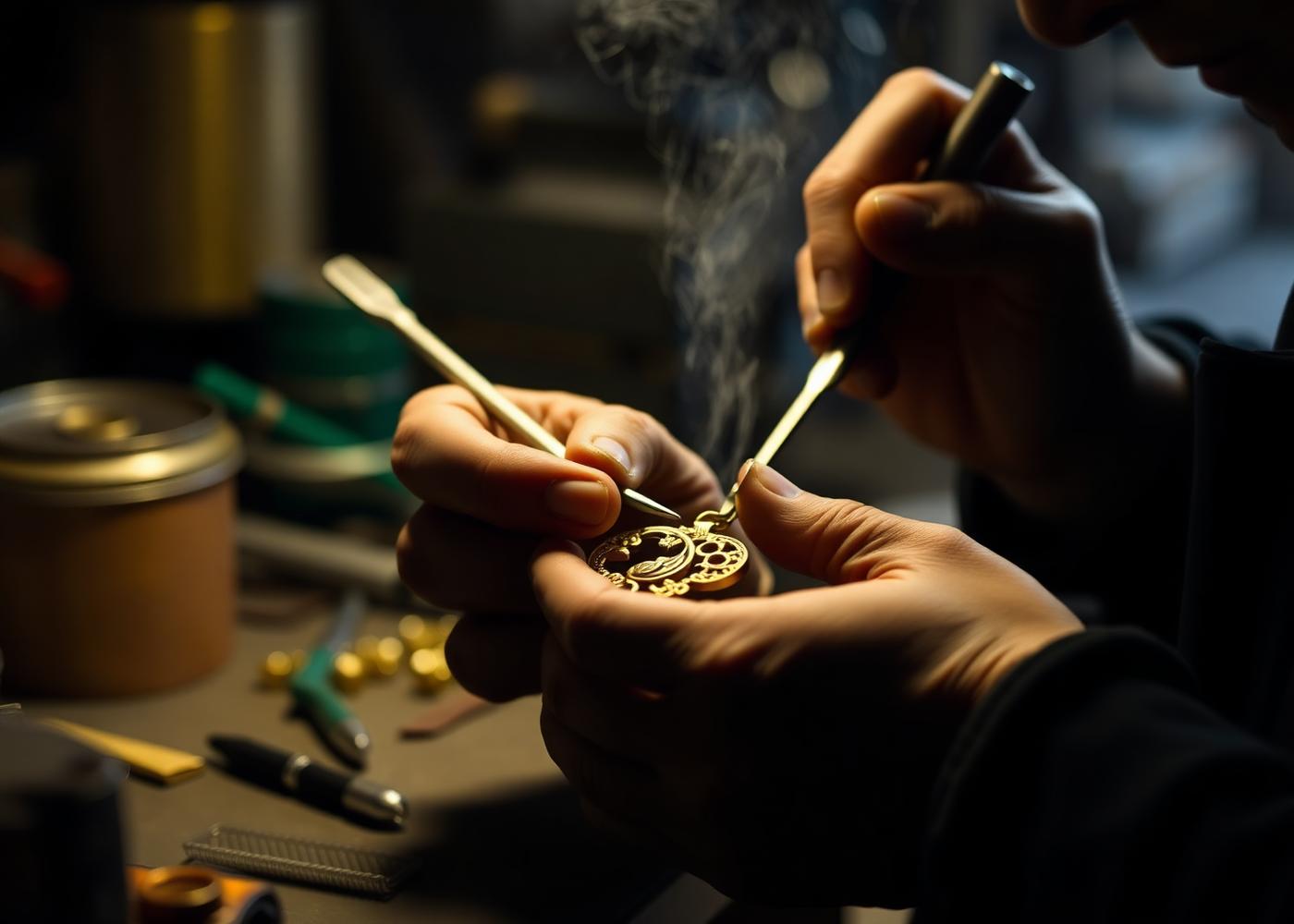 Master goldsmith finishing a gold pendant by hand